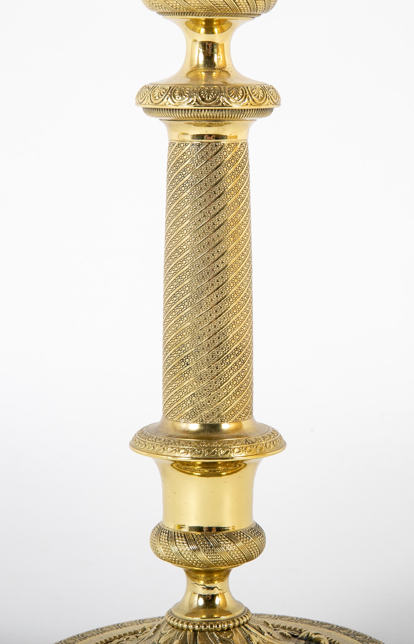 Pair of French Restauration Brass Candlesticks with Swirled Acanthus Leaves & Flowers