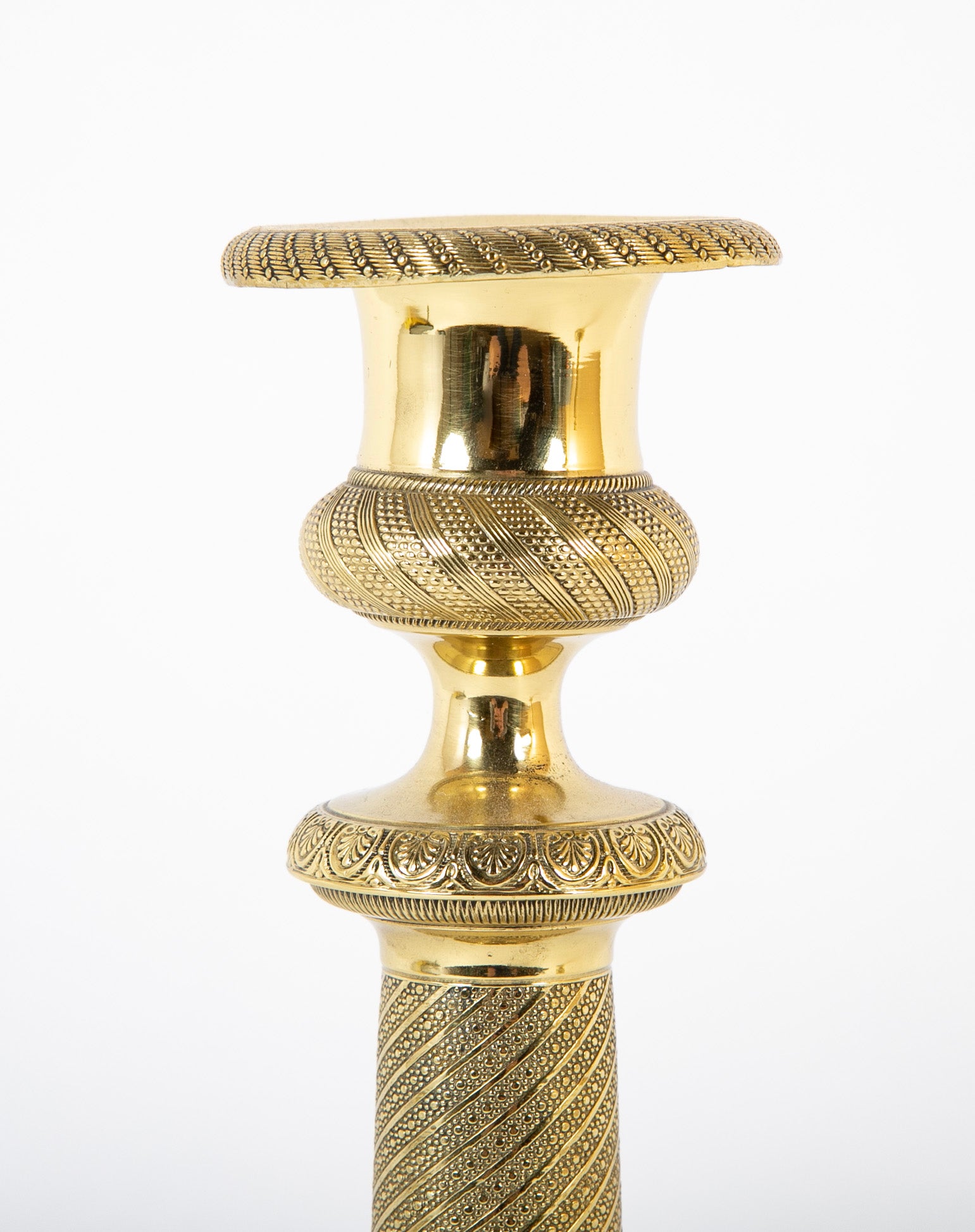 Pair of French Restauration Brass Candlesticks with Swirled Acanthus Leaves & Flowers