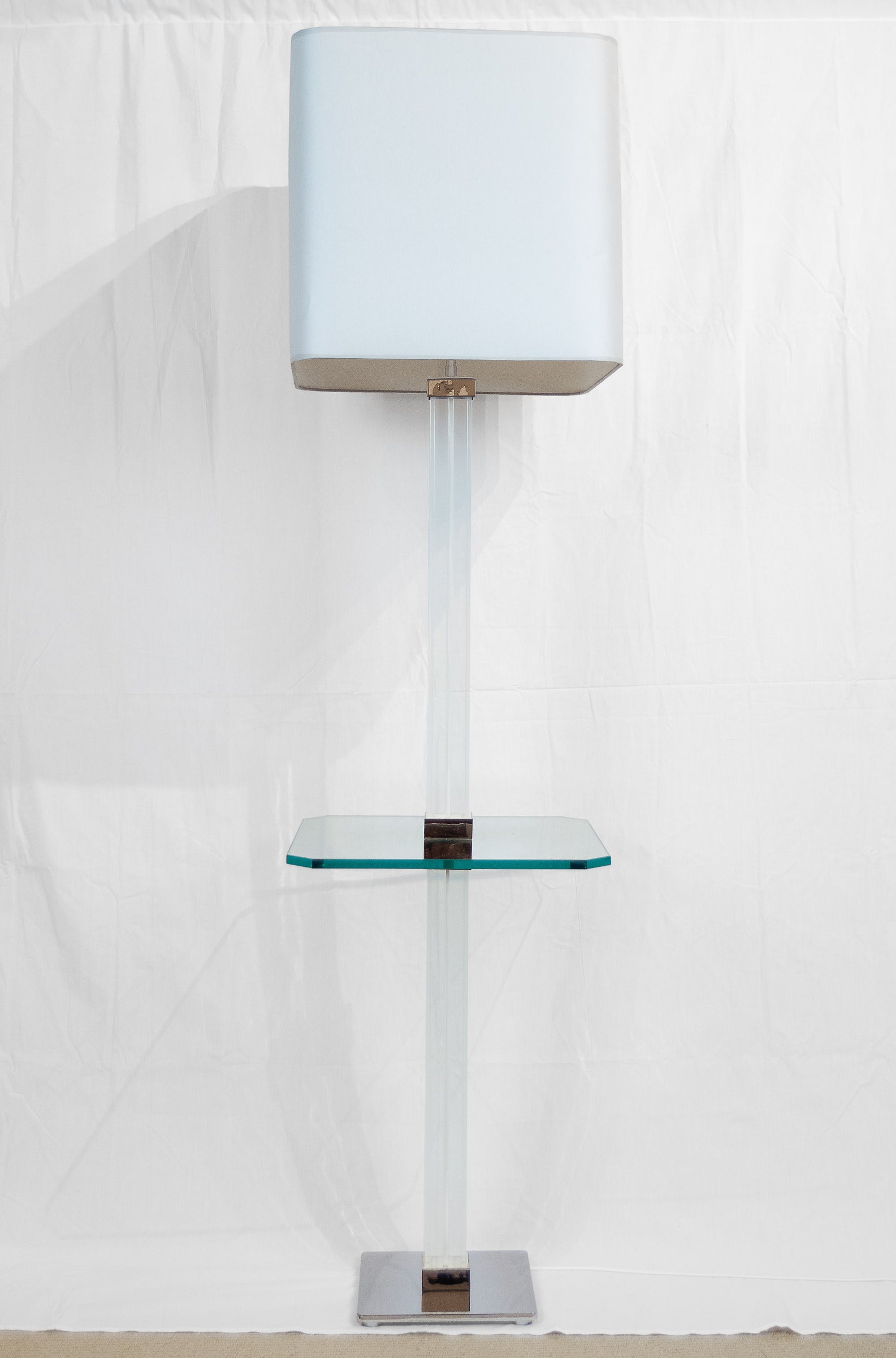Karl Springer Chrome & Channeled Lucite Floor Lamp with Glass Table