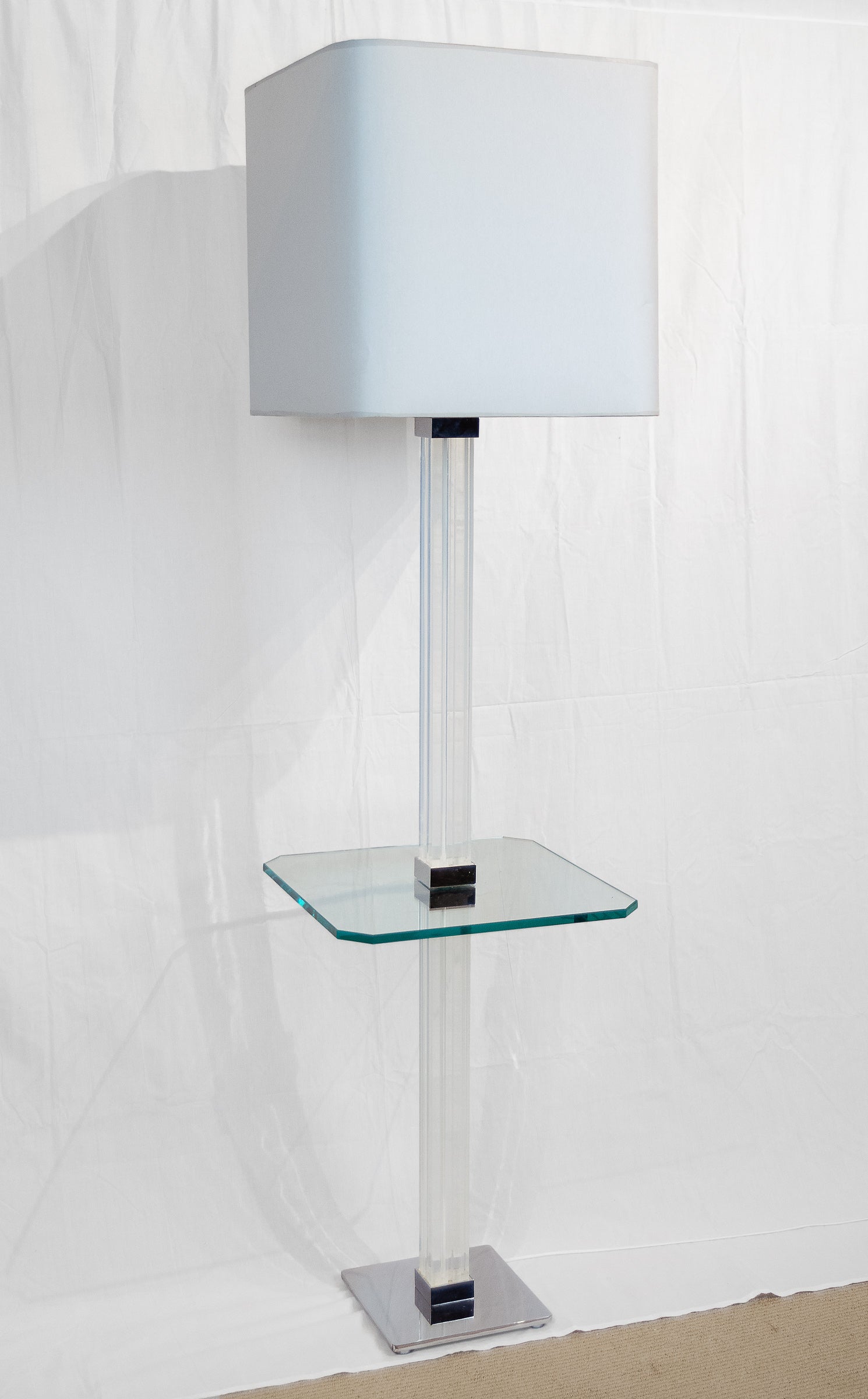 Karl Springer Chrome & Channeled Lucite Floor Lamp with Glass Table