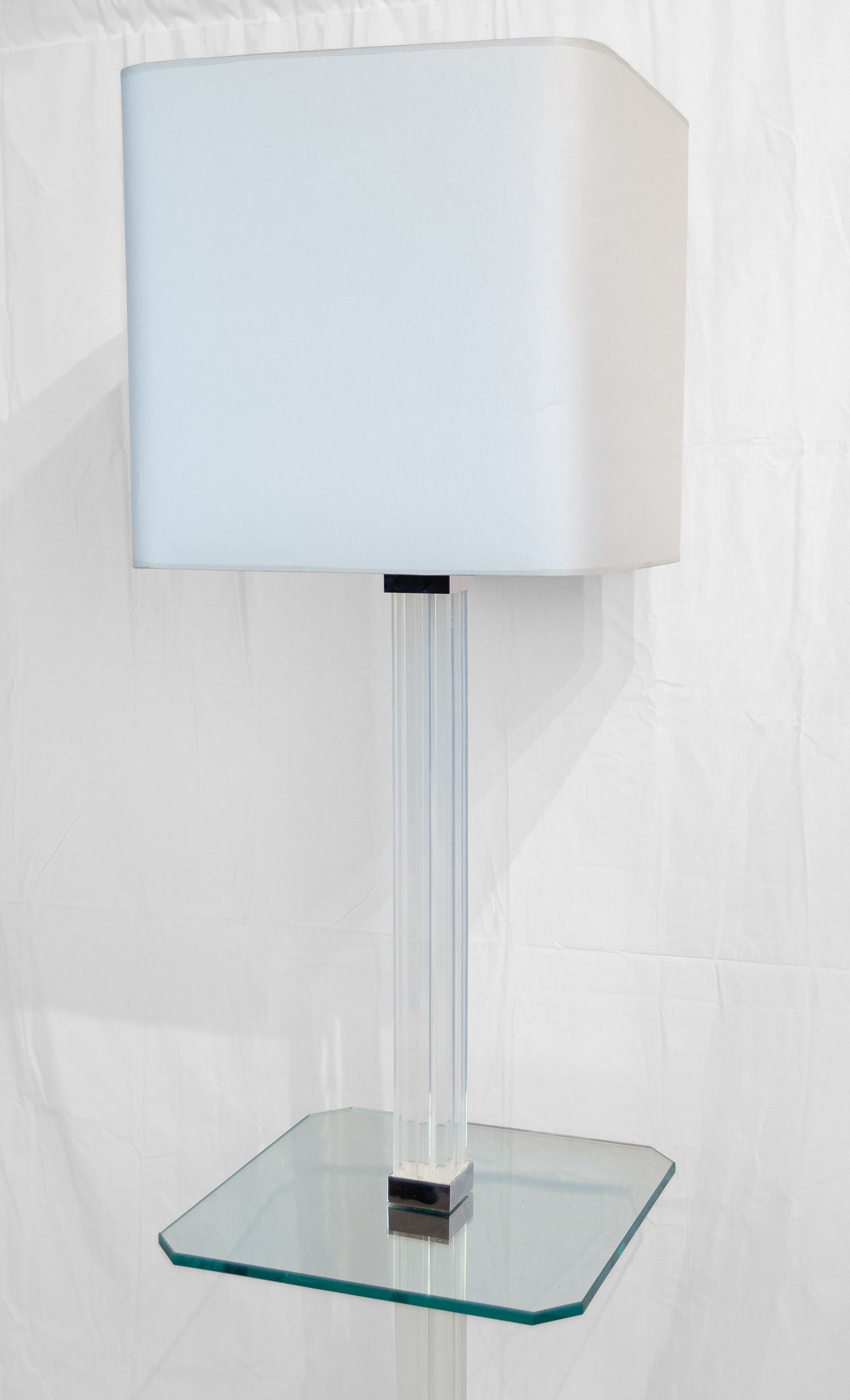 Karl Springer Chrome & Channeled Lucite Floor Lamp with Glass Table
