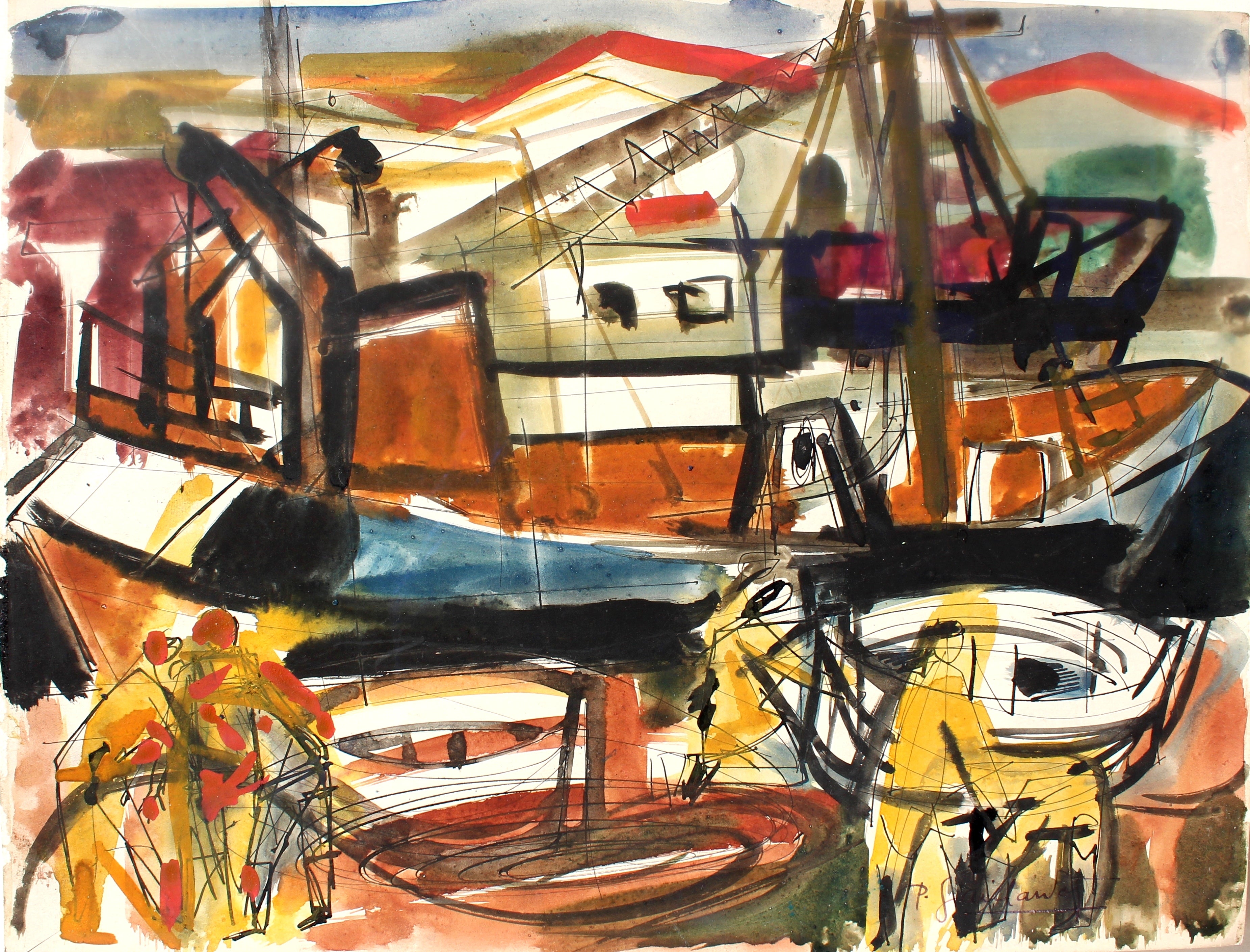 “The Docking of Trawlers in the Harbor of Deauville” (Normandy, France) by Pierre Gaillardot (French, 1910-2002) Circa 1950