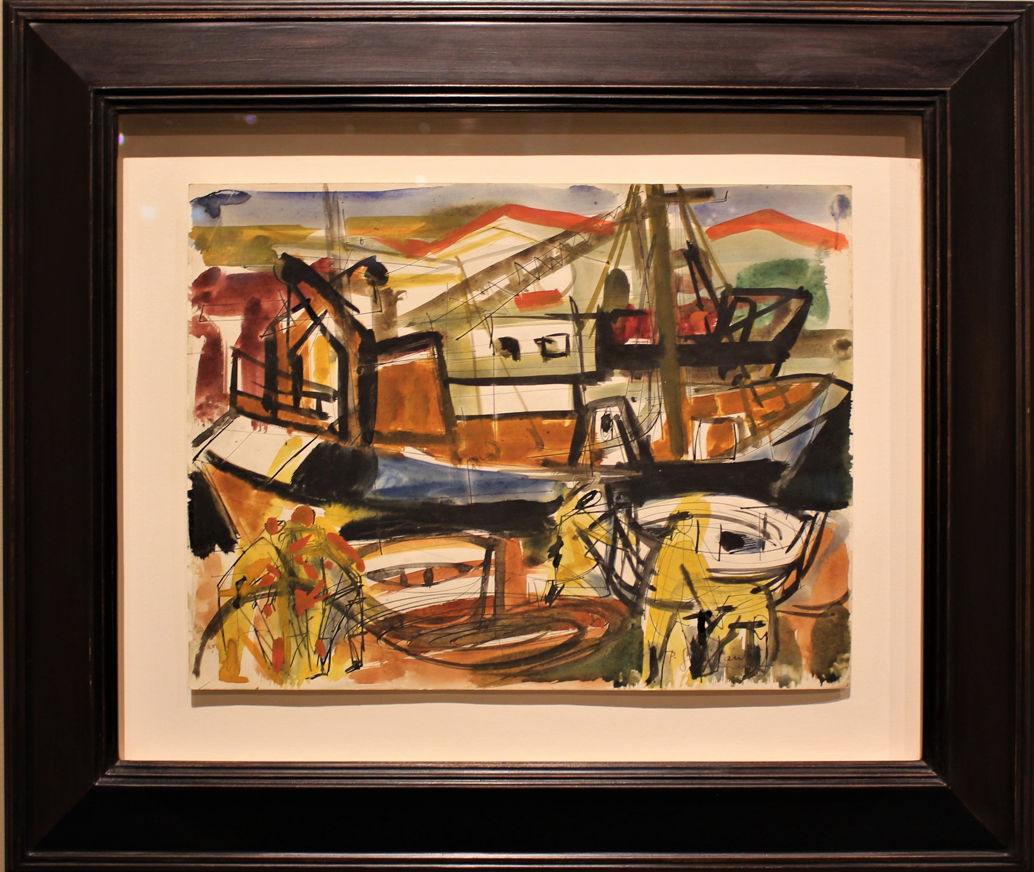 “The Docking of Trawlers in the Harbor of Deauville” (Normandy, France) by Pierre Gaillardot (French, 1910-2002) Circa 1950