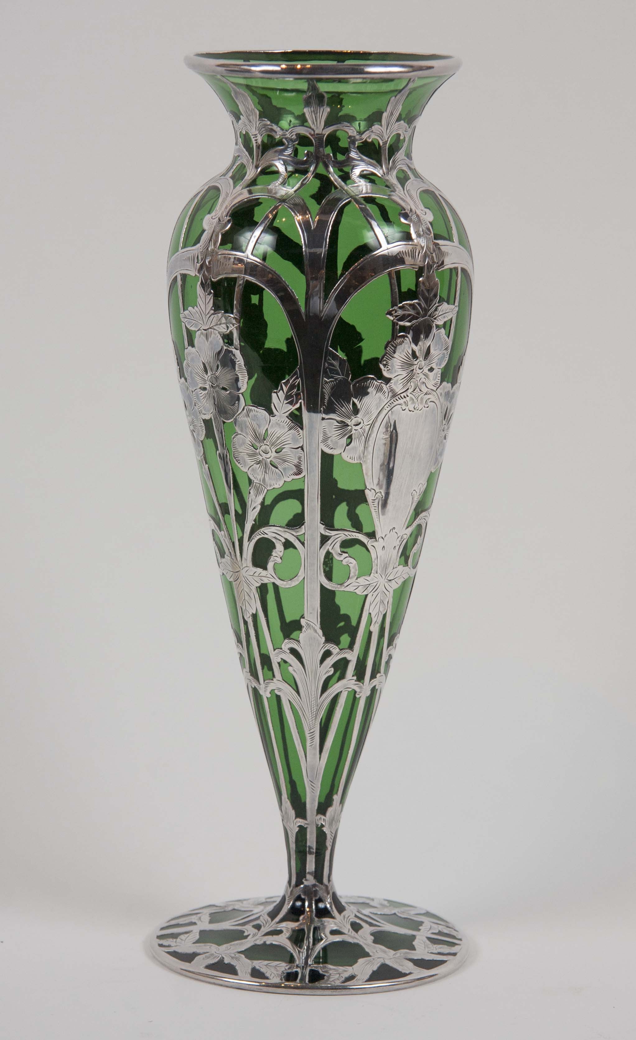 Art Nouveau Alvin Sterling over Green Glass Vase