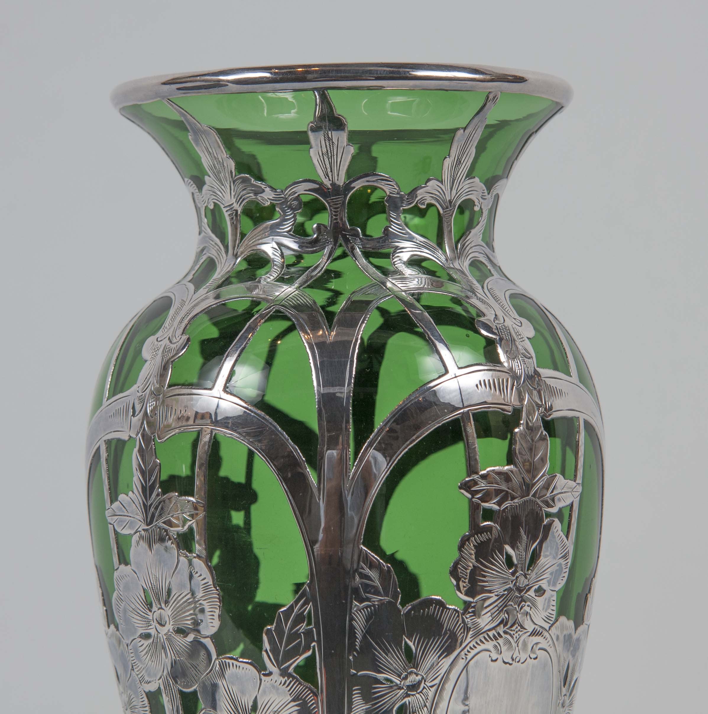 Art Nouveau Alvin Sterling over Green Glass Vase