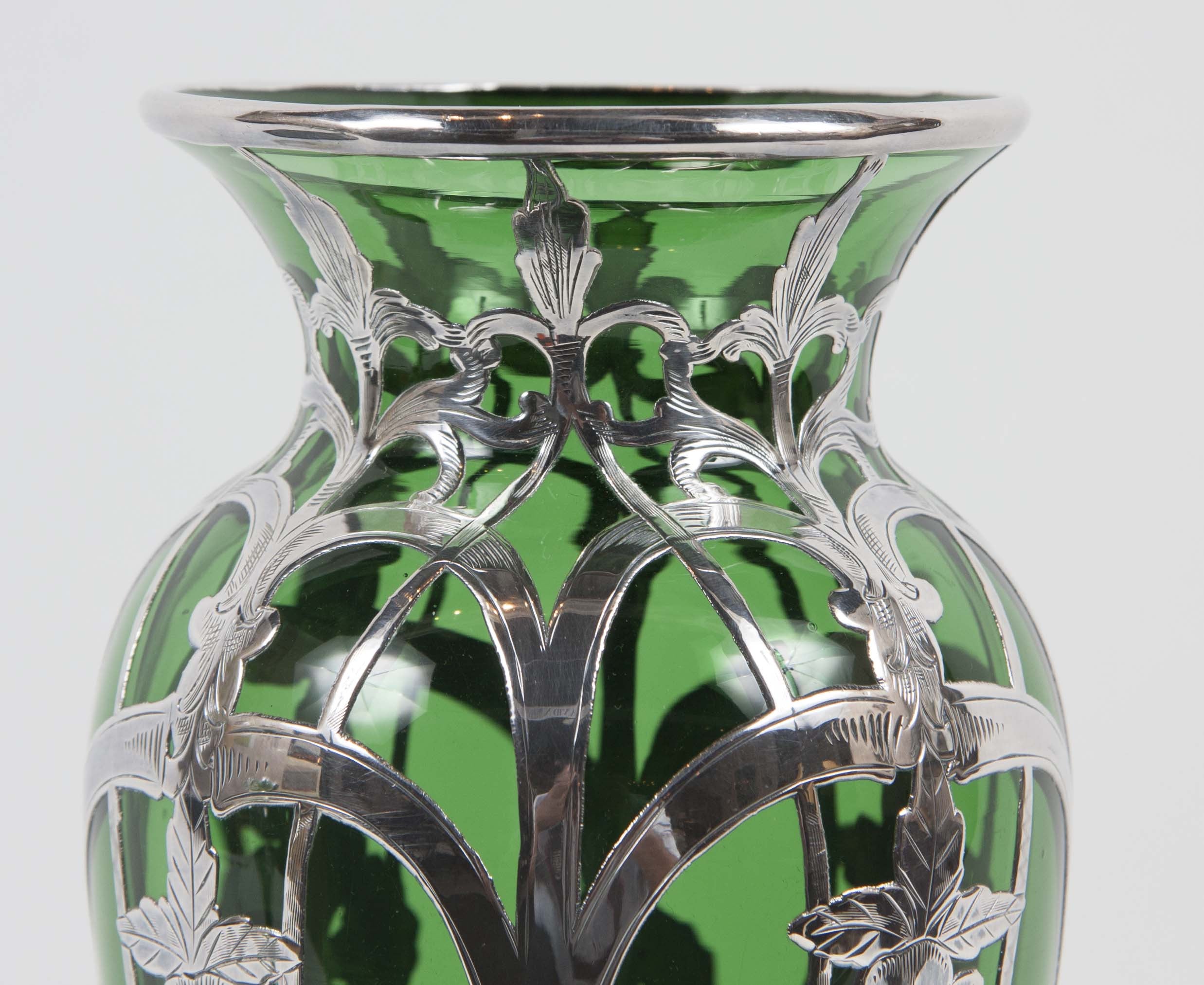 Art Nouveau Alvin Sterling over Green Glass Vase