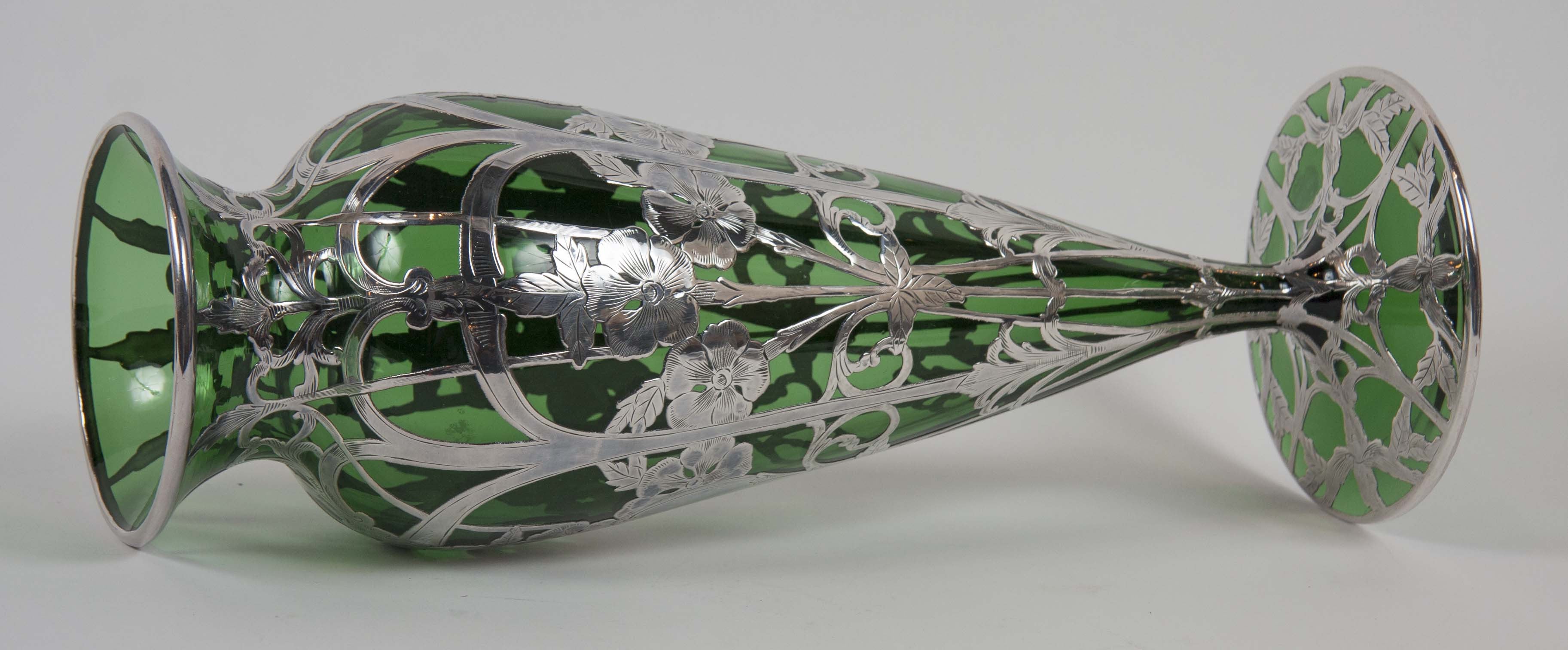 Art Nouveau Alvin Sterling over Green Glass Vase