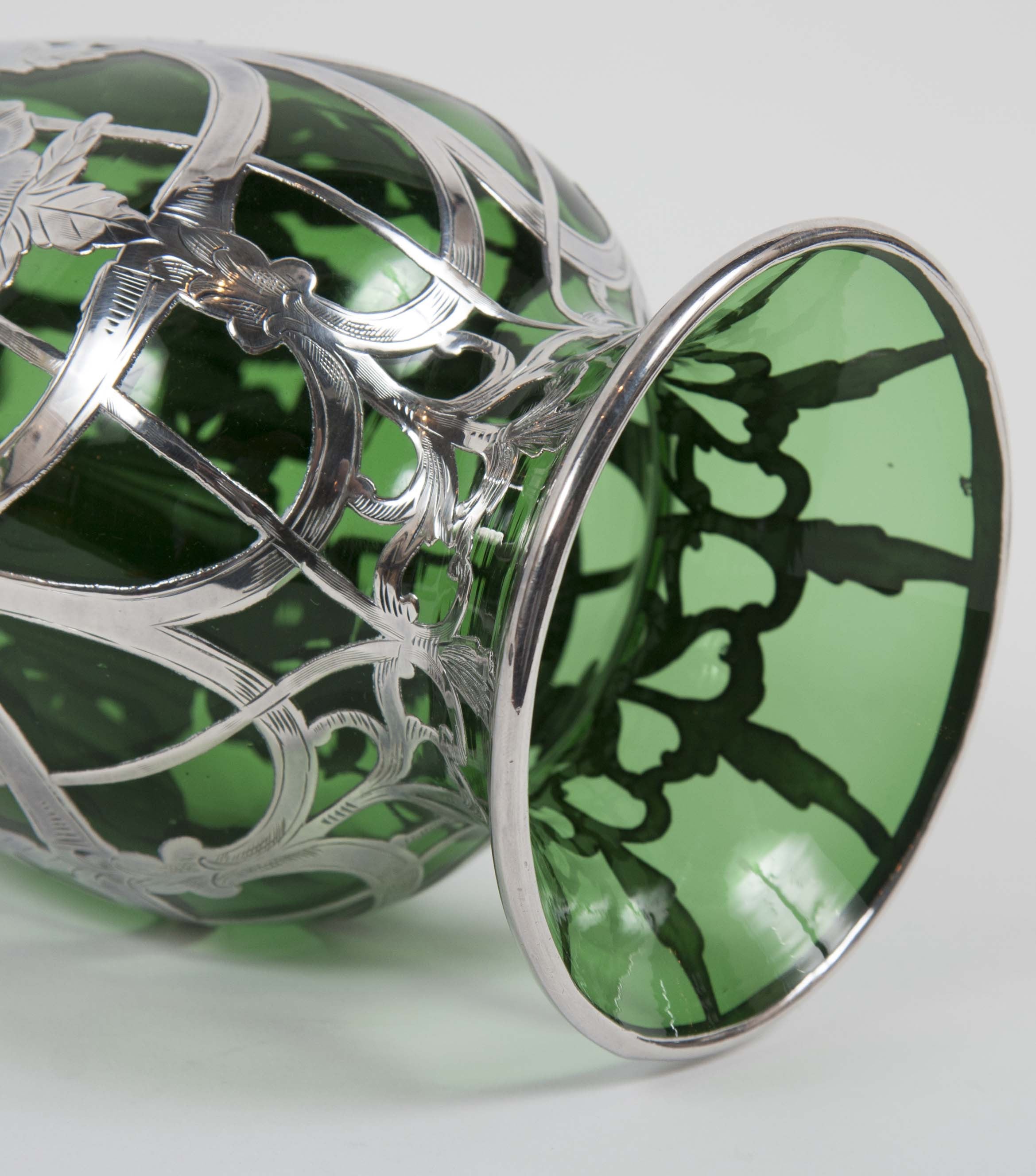 Art Nouveau Alvin Sterling over Green Glass Vase