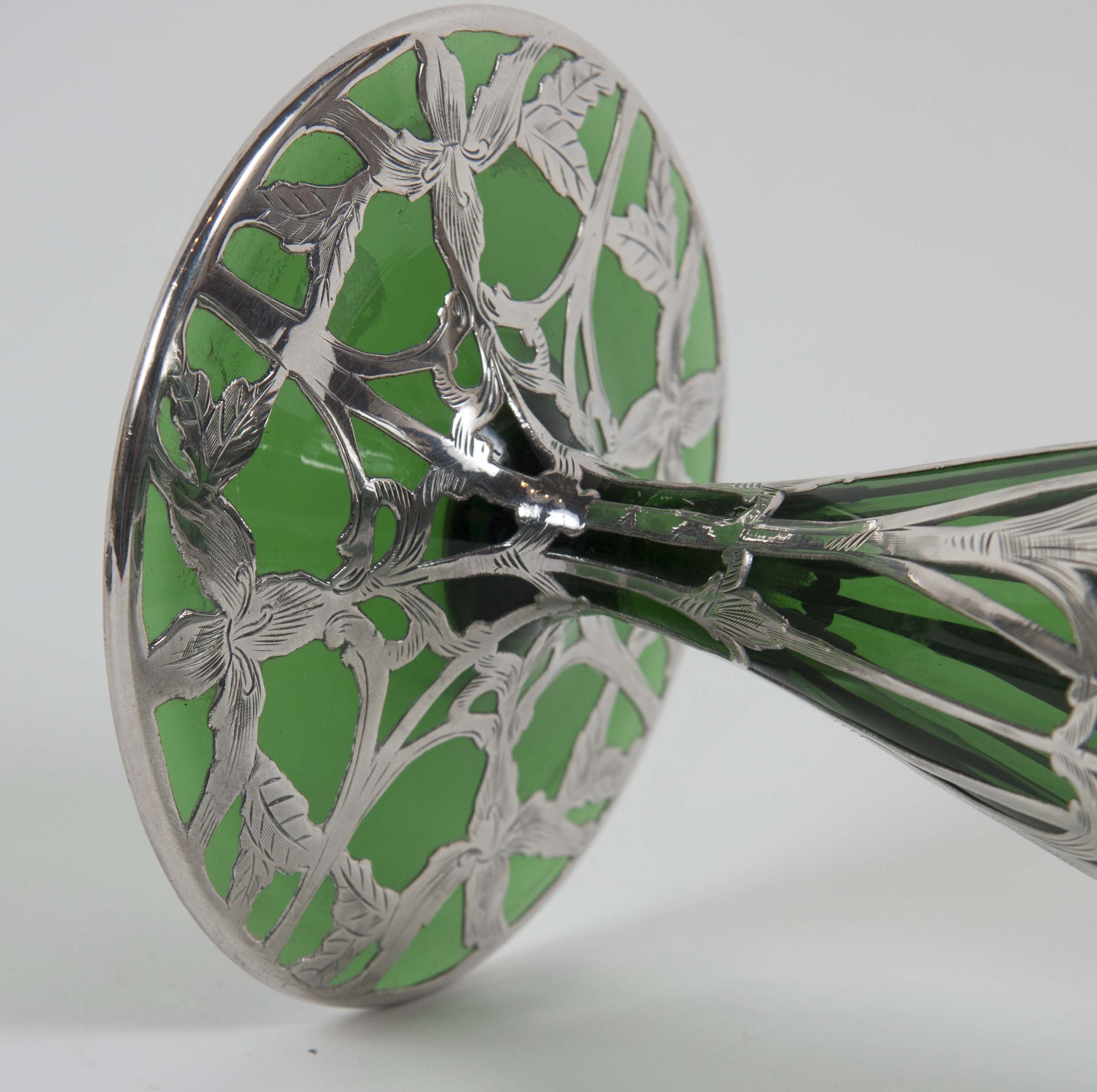 Art Nouveau Alvin Sterling over Green Glass Vase