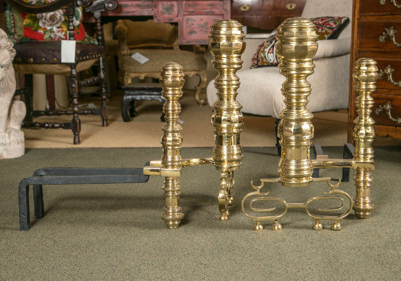 Pair of Monumental Brass Andirons