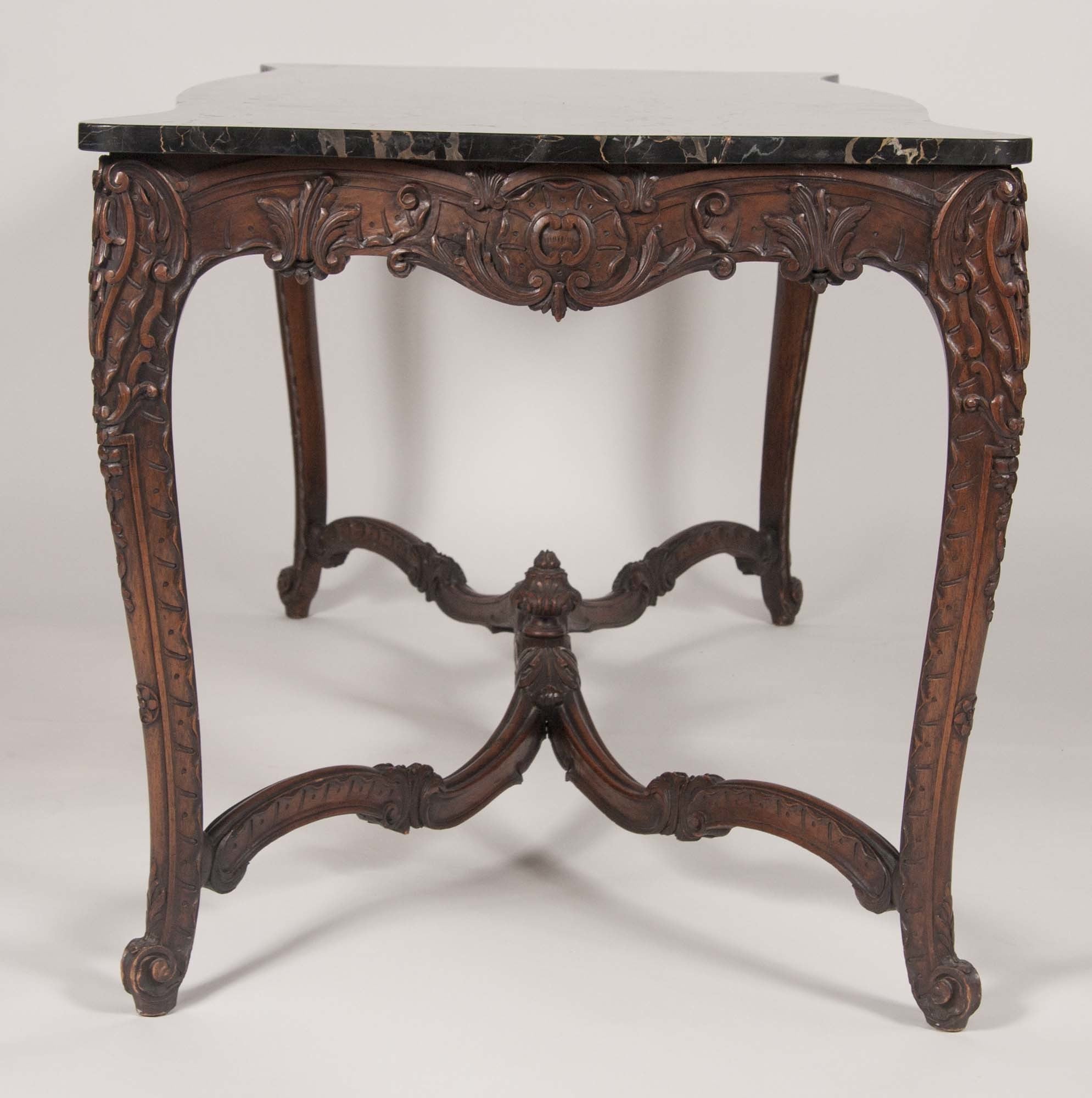 Marble Top Walnut Carved Center Table