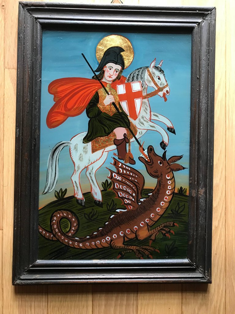 Reverse Glass Painting of Saint George and the Dragon