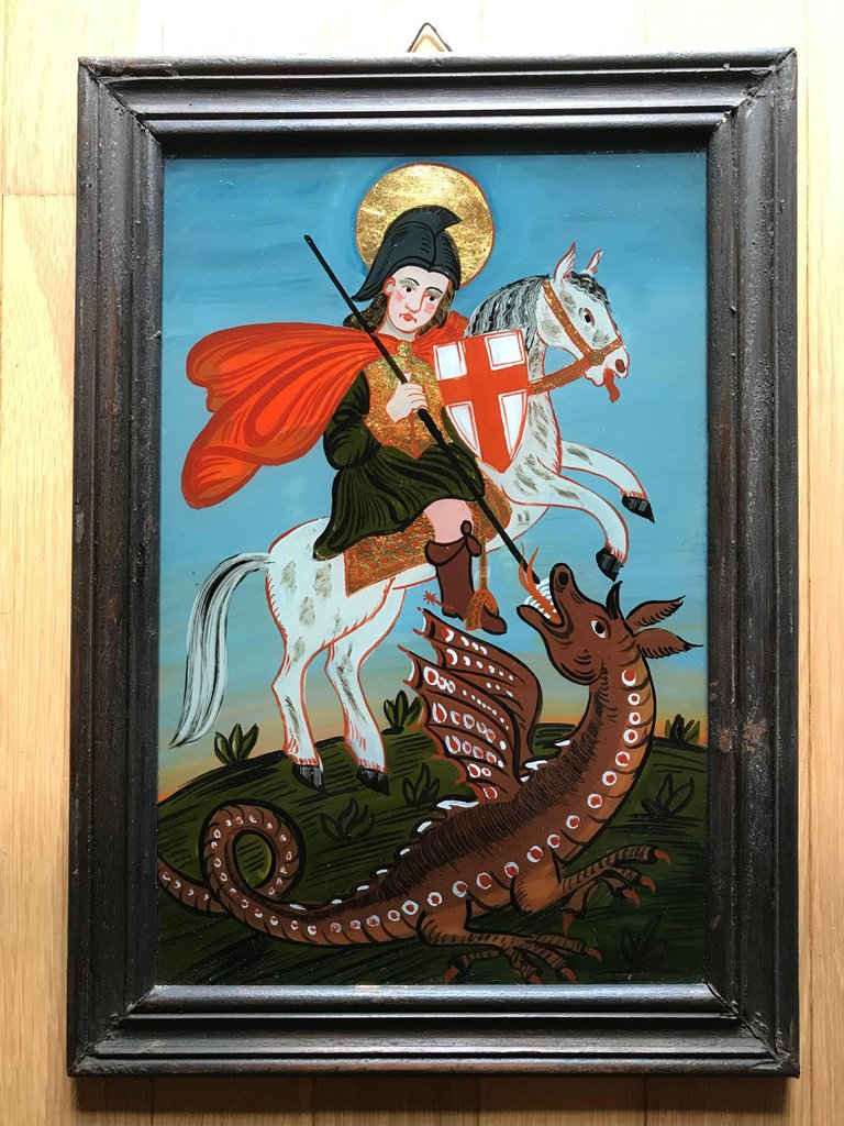 Reverse Glass Painting of Saint George and the Dragon