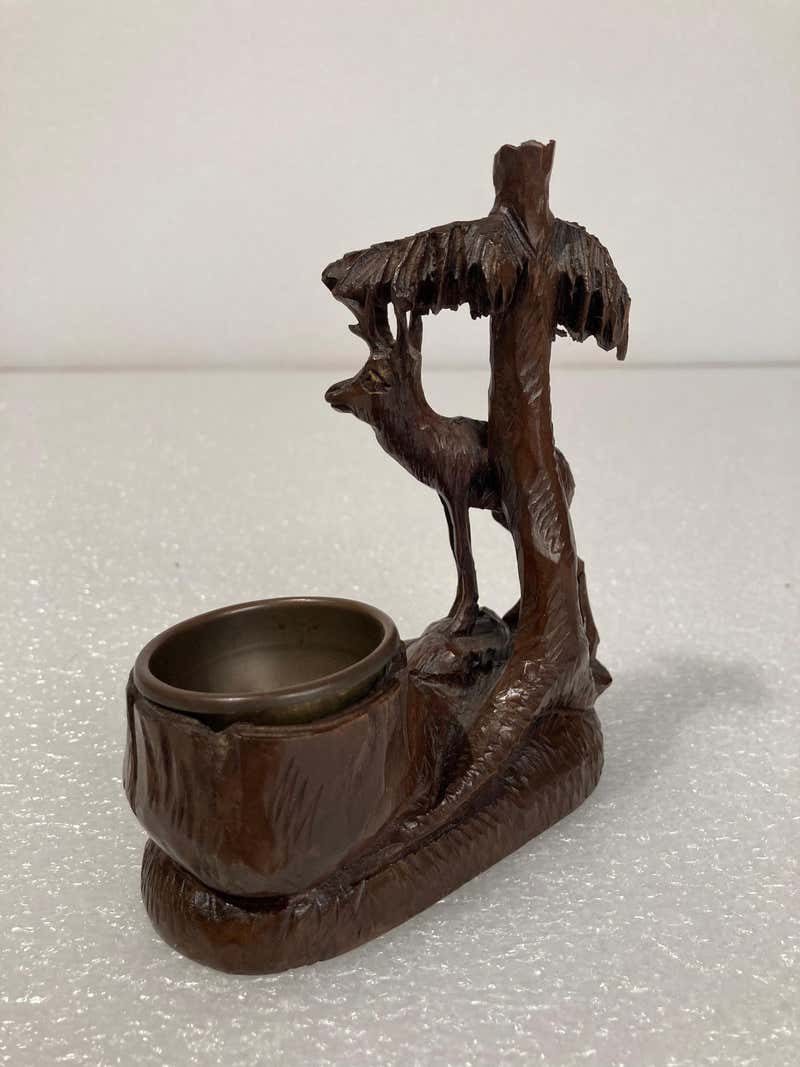 19th Century Swiss Black Forest Carving of a Stag and Tree Nut Dish