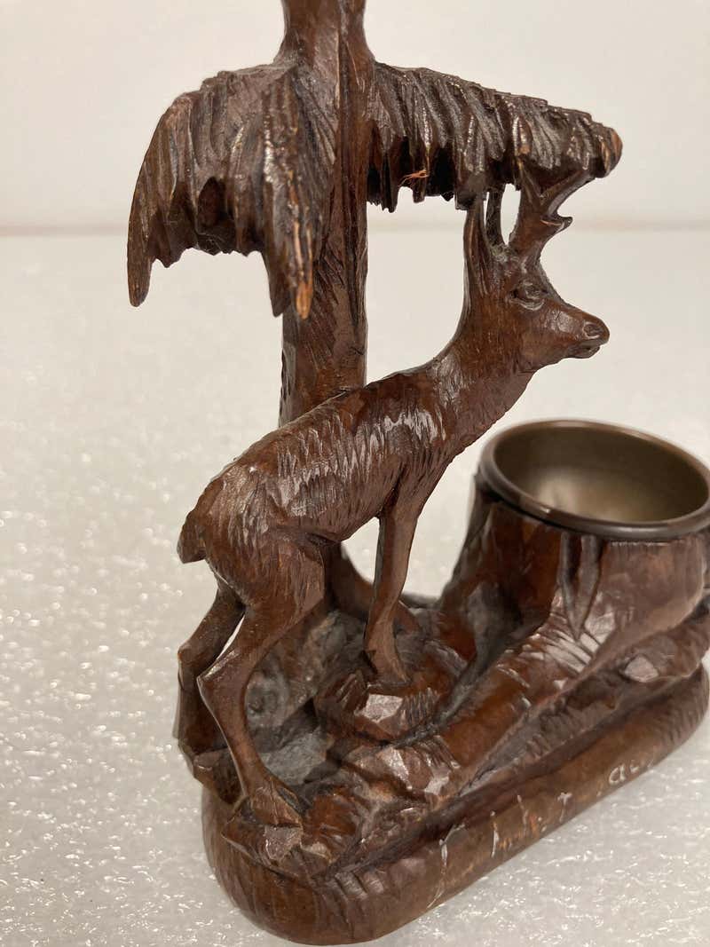 19th Century Swiss Black Forest Carving of a Stag and Tree Nut Dish