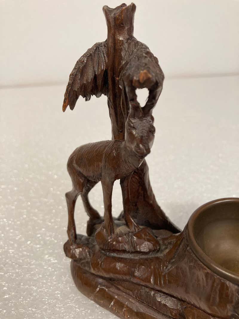 19th Century Swiss Black Forest Carving of a Stag and Tree Nut Dish
