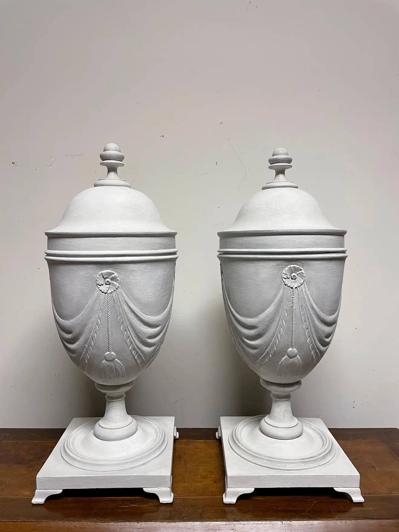 Pair Neoclassical Style Gray Painted Mahogany Urns