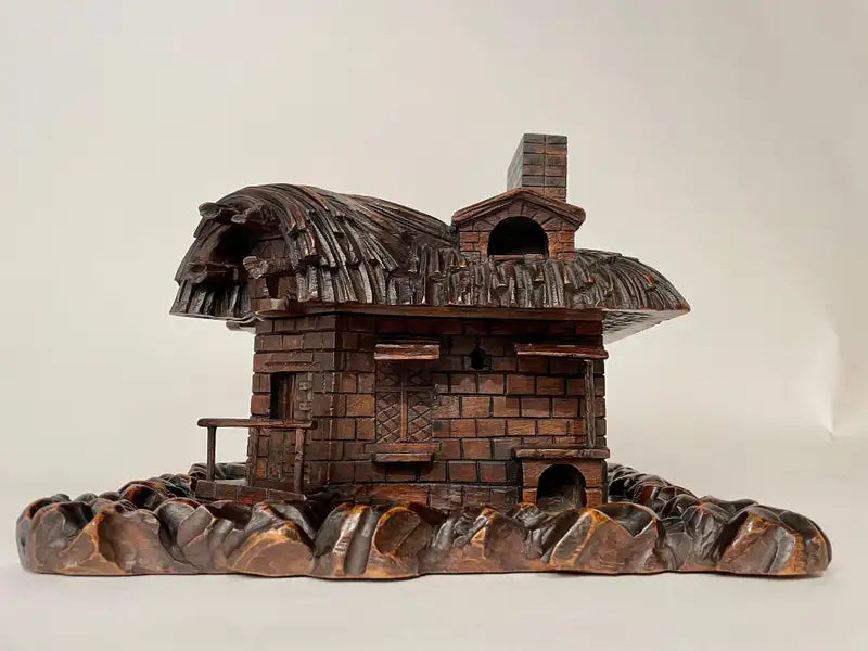 19th Century Swiss Black Forest Carved Thatched Roof Cottage Box