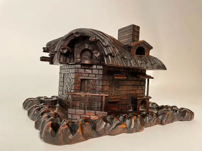 19th Century Swiss Black Forest Carved Thatched Roof Cottage Box