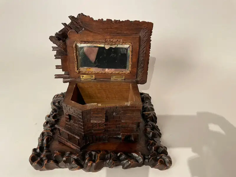 19th Century Swiss Black Forest Carved Thatched Roof Cottage Box