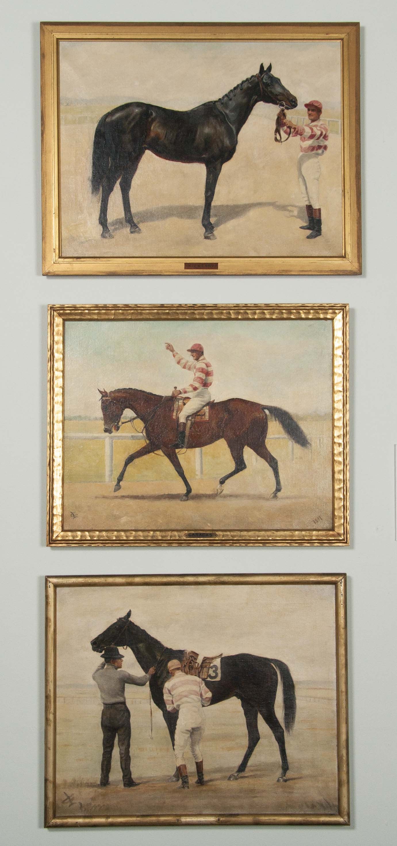 Three Oil on Canvas Paintings of Steeplechase Horses and Jockeys by George Lee
