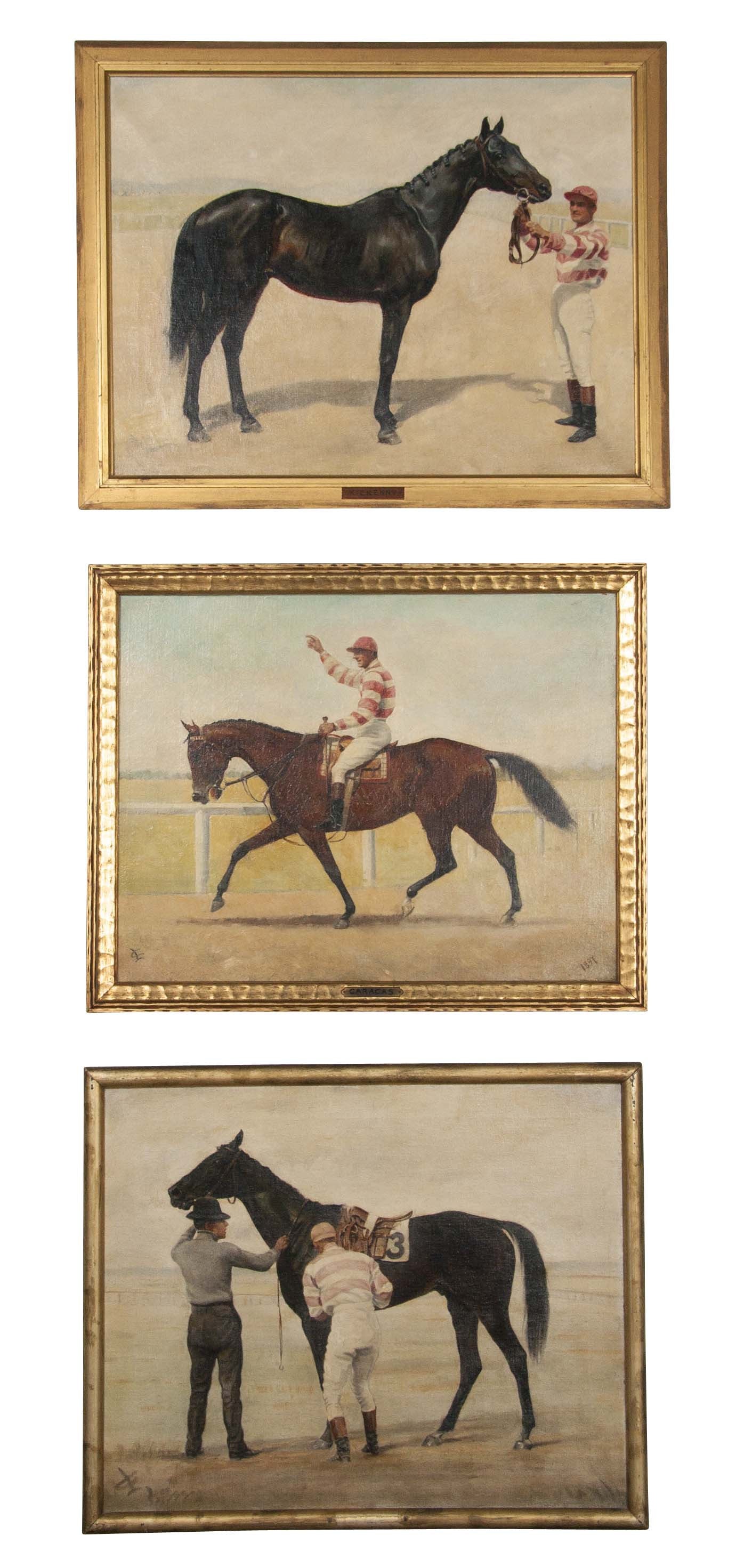 Three Oil on Canvas Paintings of Steeplechase Horses and Jockeys by George Lee