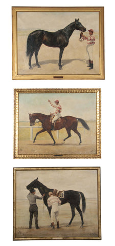 Three Oil on Canvas Paintings of Steeplechase Horses and Jockeys by George Lee