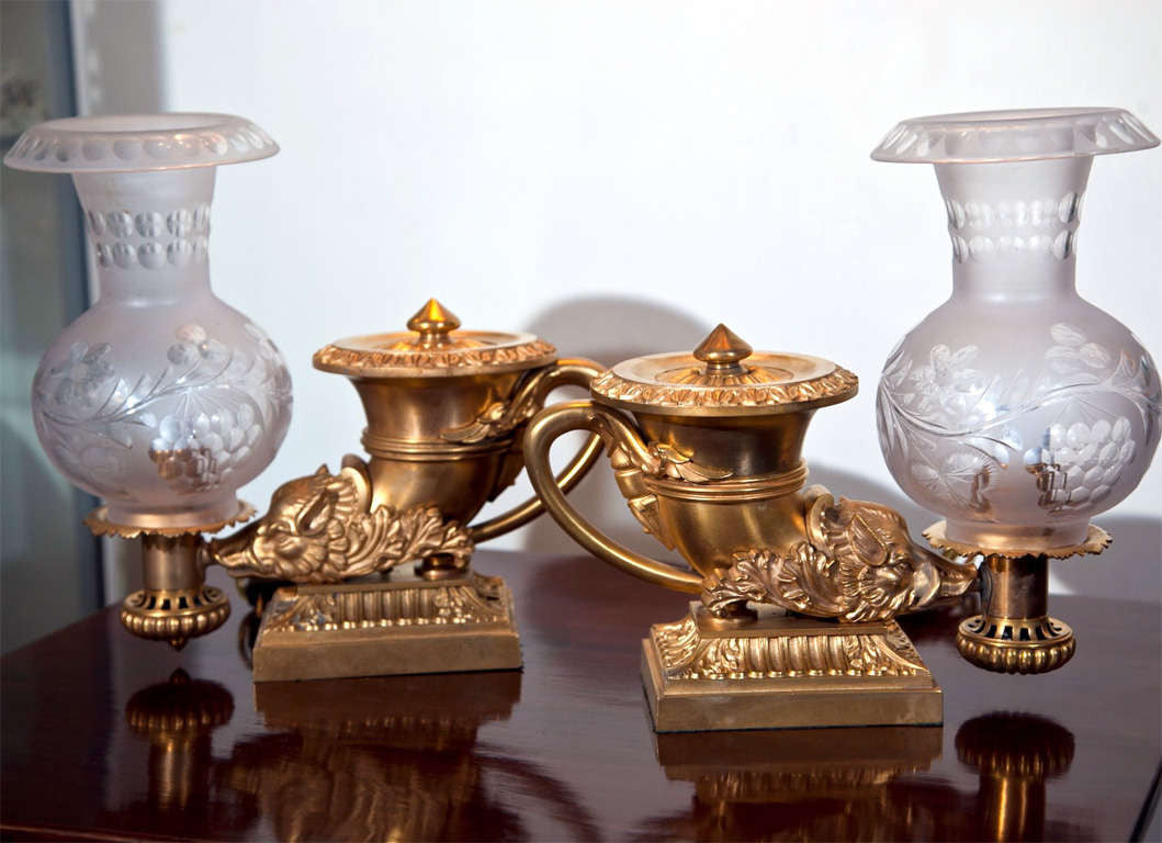 Bronze Dore Oil Lamps by Thomas Messenger