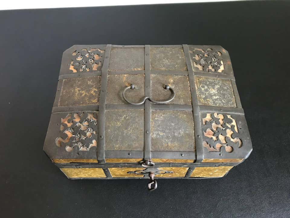 Russian Gilt Iron-Bound Box with Original Key