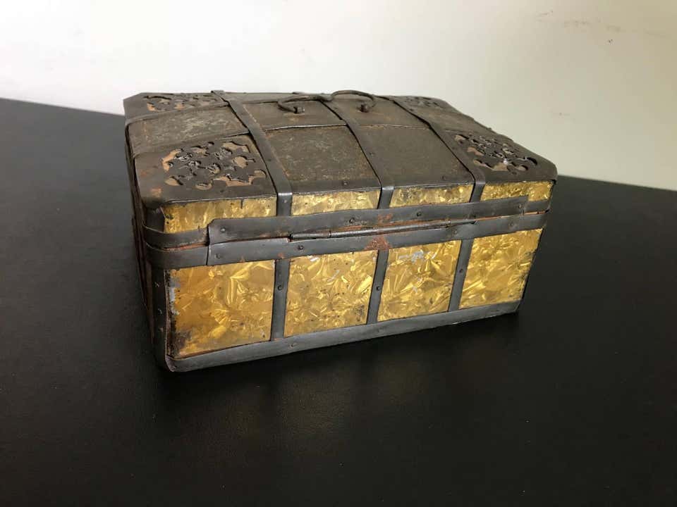 Russian Gilt Iron-Bound Box with Original Key