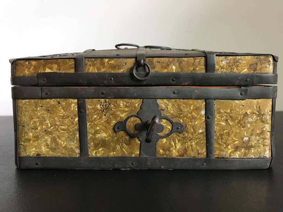 Russian Gilt Iron-Bound Box with Original Key