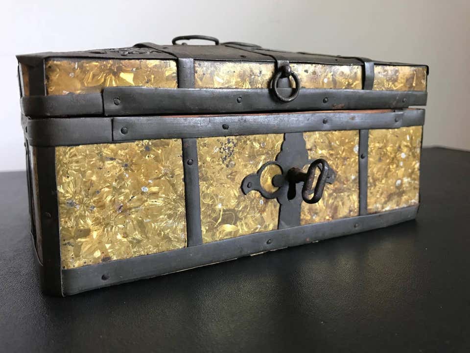 Russian Gilt Iron-Bound Box with Original Key