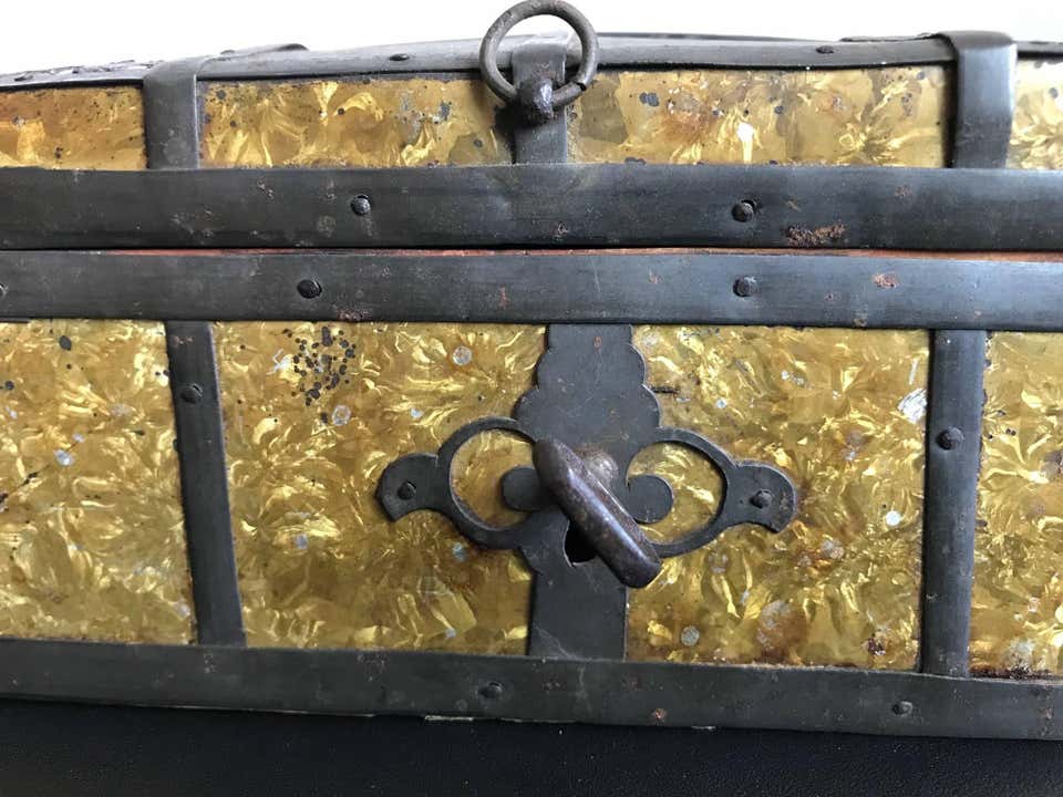 Russian Gilt Iron-Bound Box with Original Key