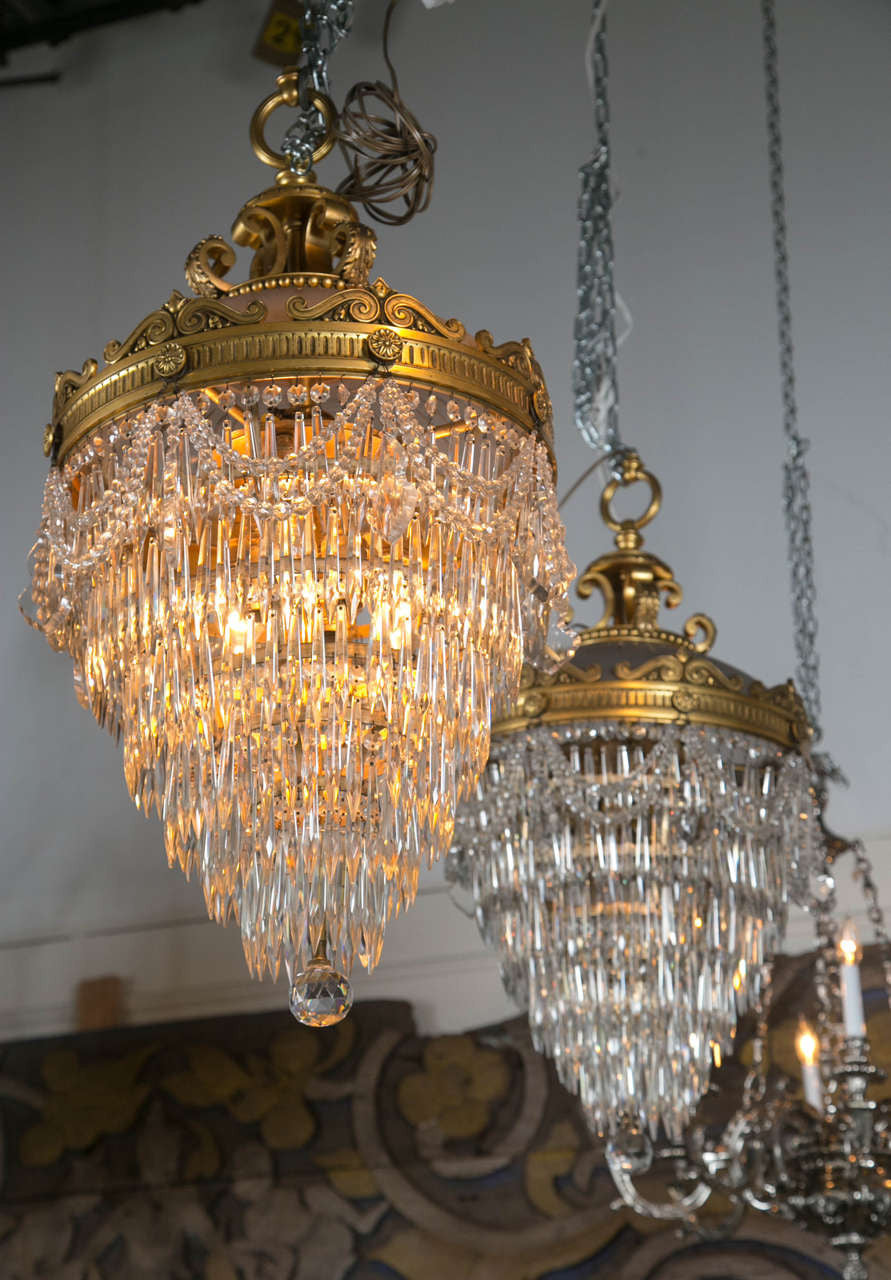 Pair of Bronze & Crystal Drop Chandeliers