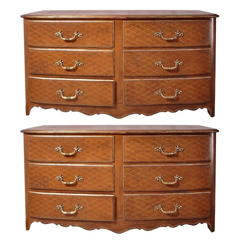 Pair of French Regence Style Leather Commodes