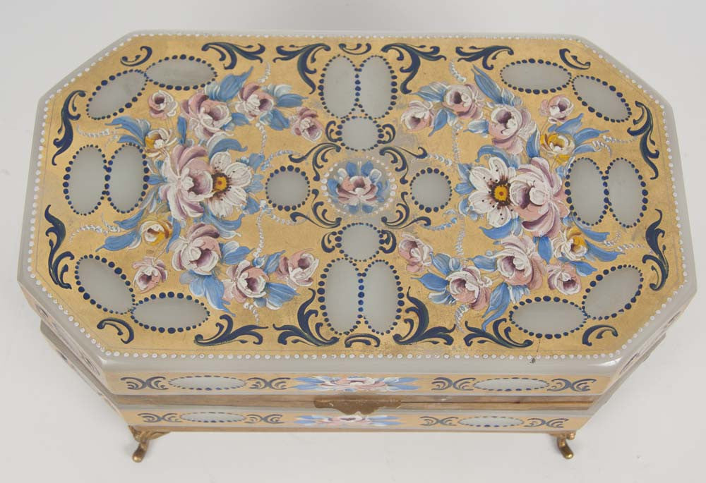 French Opaline Glass Painted Box