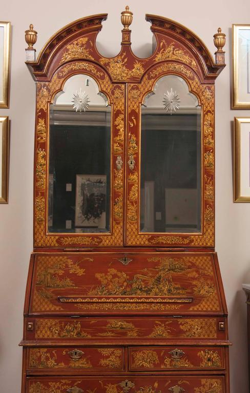 English Scarlet Gilt and Polychrome Japanned Secretary