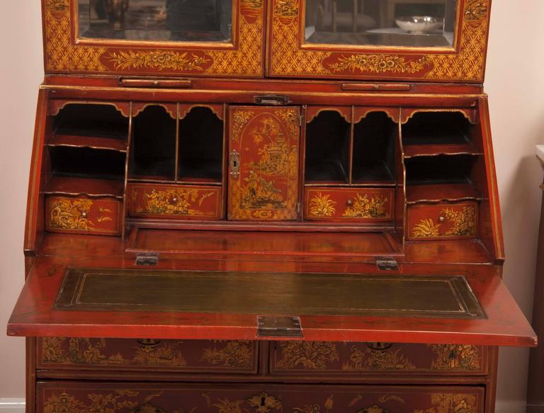 English Scarlet Gilt and Polychrome Japanned Secretary
