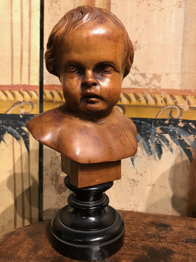 Pair of South German Carved Wood Busts of Putti