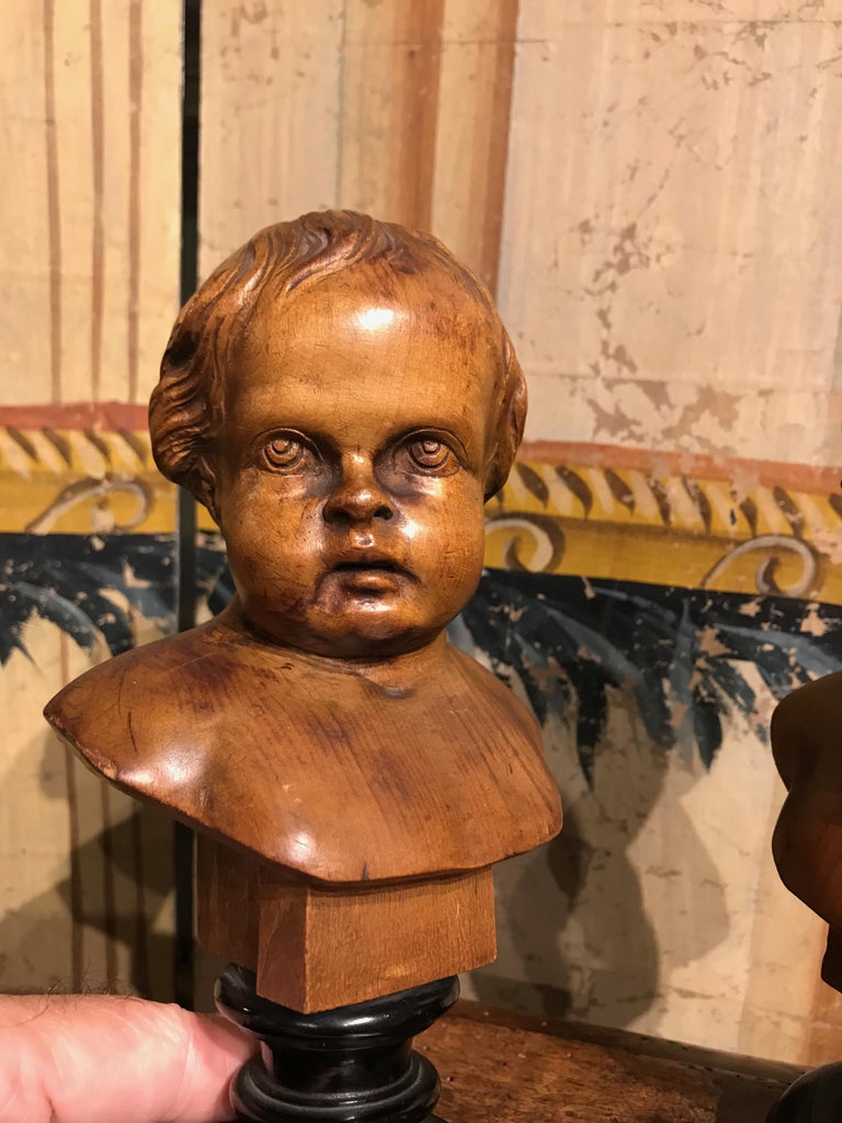 Pair of South German Carved Wood Busts of Putti