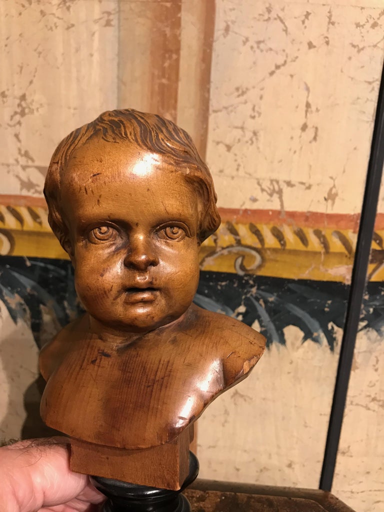 Pair of South German Carved Wood Busts of Putti