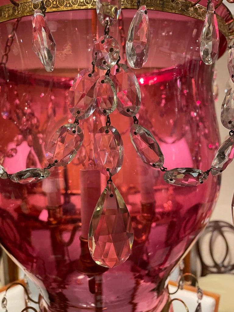 18th/19th Century Cranberry and Glass Lantern with Gilt Metal and Cut Glass