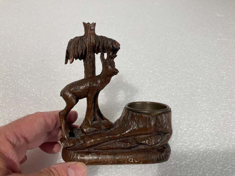 19th Century Swiss Black Forest Carving of a Stag and Tree Nut Dish