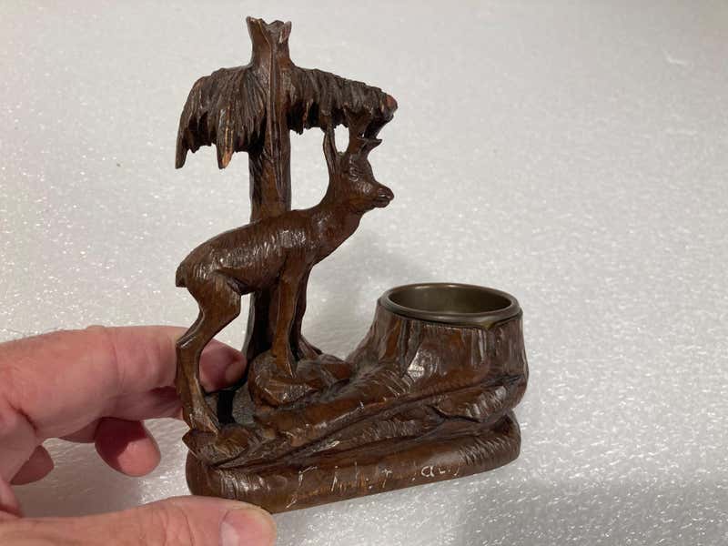 19th Century Swiss Black Forest Carving of a Stag and Tree Nut Dish
