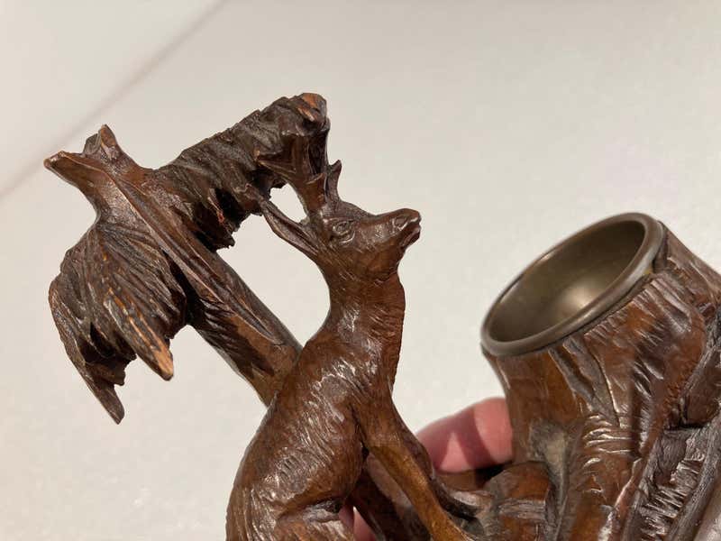 19th Century Swiss Black Forest Carving of a Stag and Tree Nut Dish