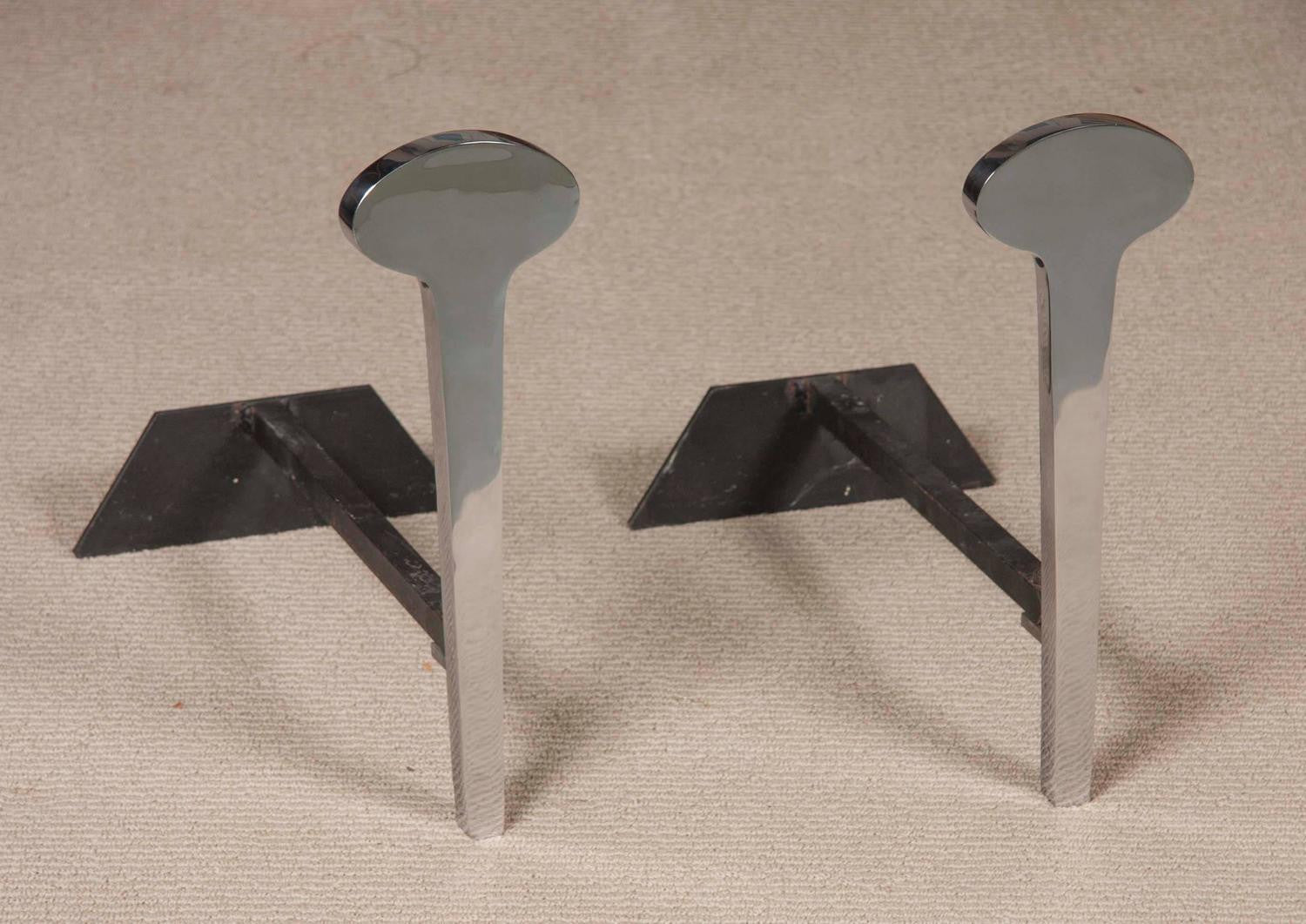 Chromed Steel Andirons Attributed to Francois Monnet