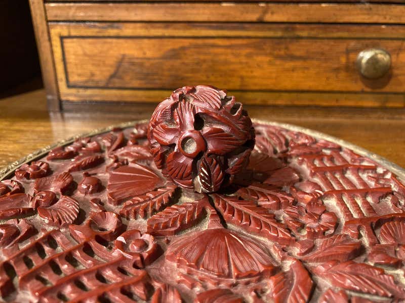 Chinese Carved Cinnabar and Brass Hand Mirror