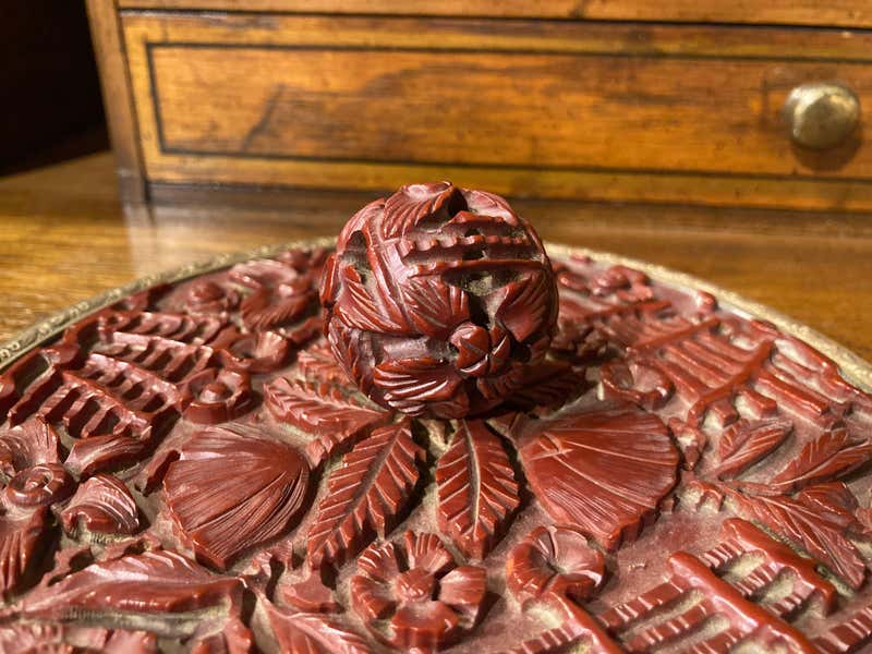 Chinese Carved Cinnabar and Brass Hand Mirror