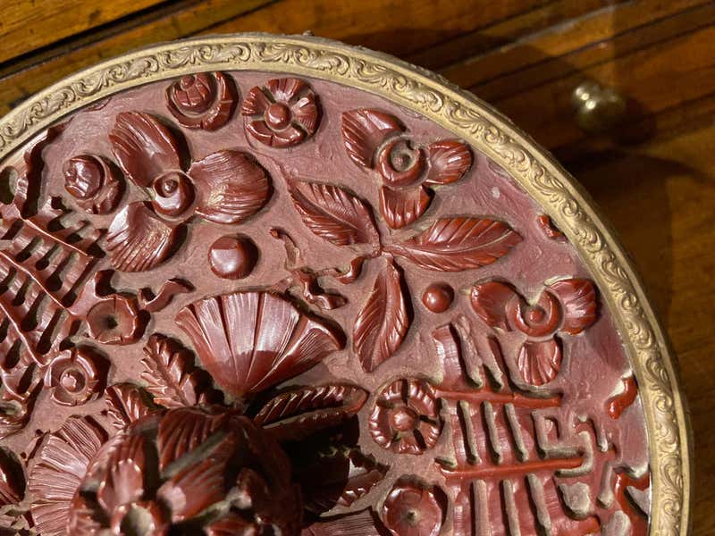 Chinese Carved Cinnabar and Brass Hand Mirror
