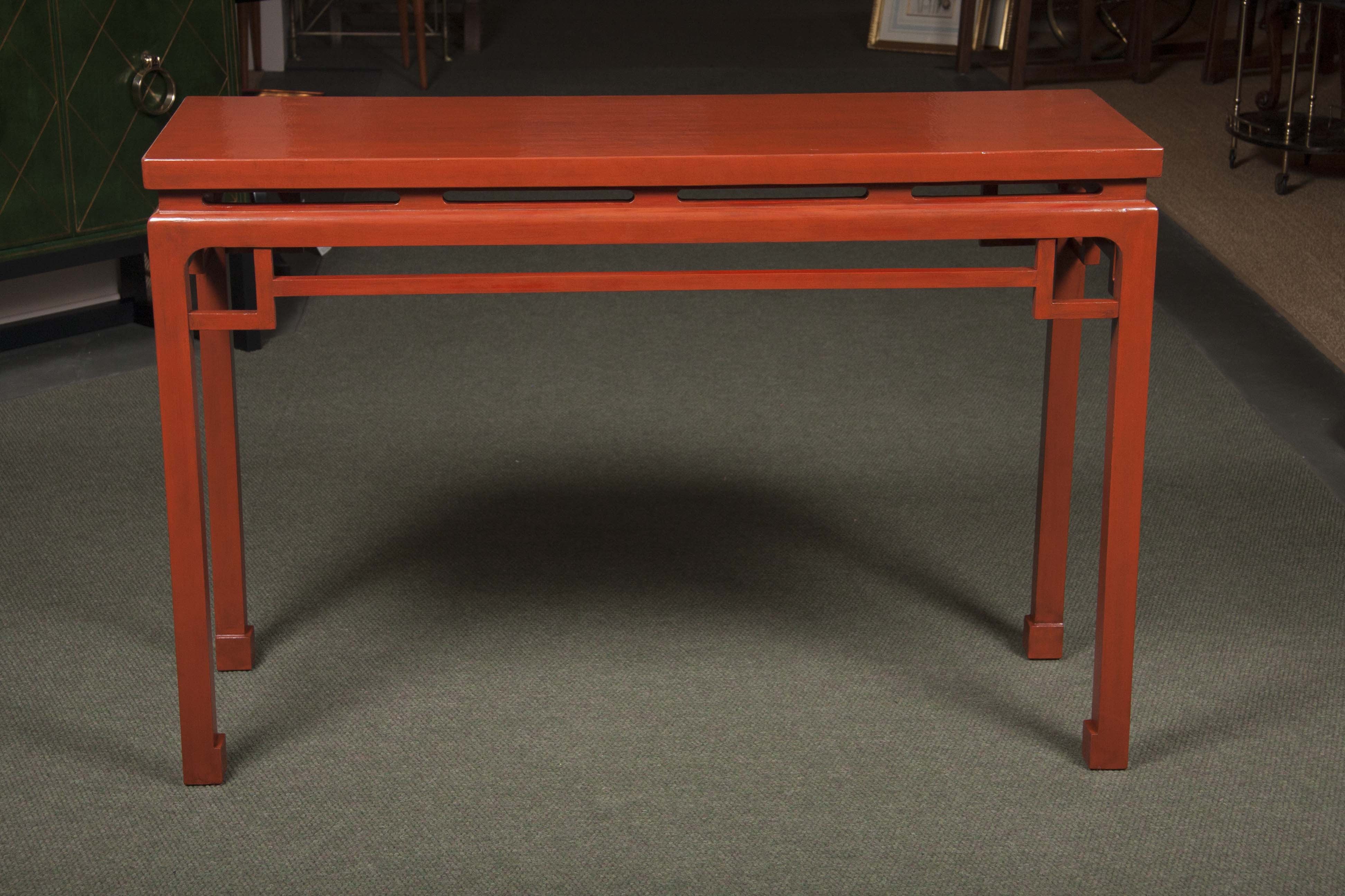 Pair of Red Lacquered Chinese Console Tables